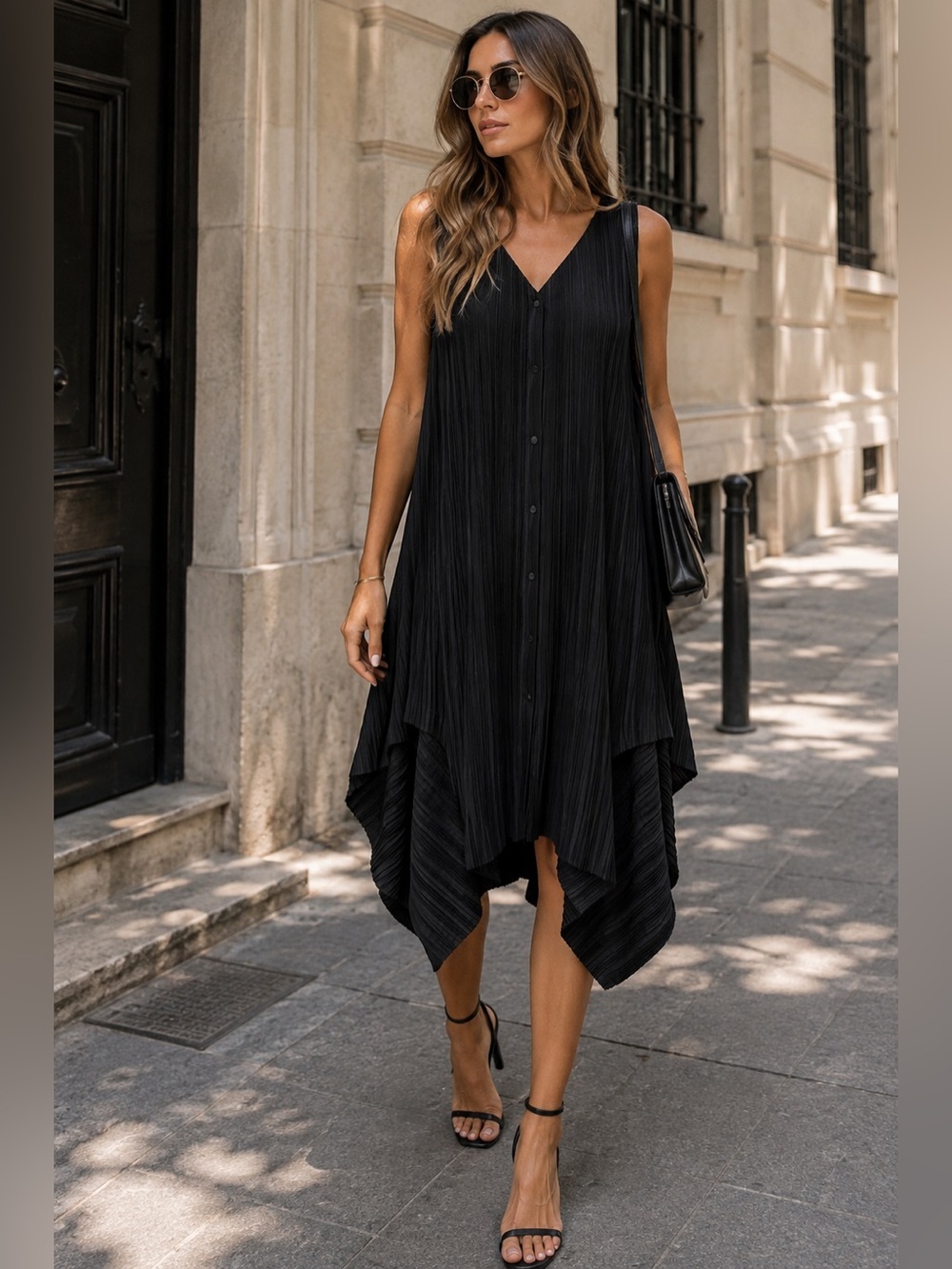 Sleeveless Black V-Neck Handkerchief Hem Dress